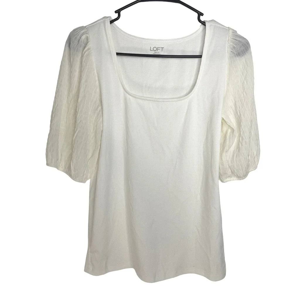 Loft Women Square Neck Puff Sleeve Top M White Romantic Chic Coquette Balletcore